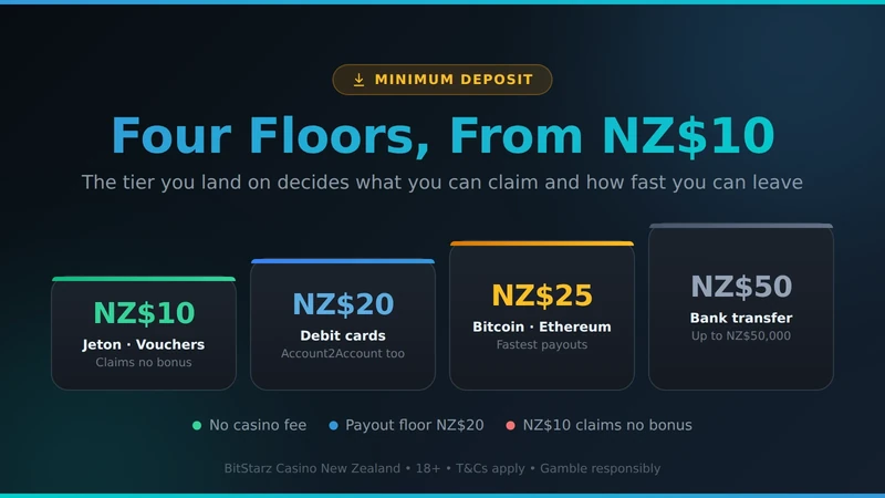 BitStarz Casino NZ minimum deposit card — four tiers rising from NZ$10 on Jeton and vouchers to NZ$20 on debit cards, NZ$25 on crypto and NZ$50 by bank transfer