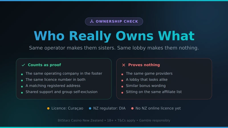 BitStarz Casino sister sites card — the same operating company and licence number count as proof of a group, while shared game providers, a similar lobby or an affiliate list prove nothing