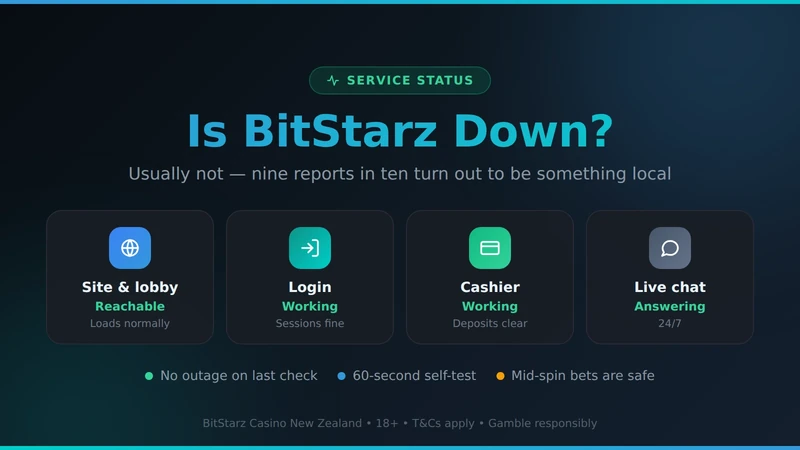 BitStarz Casino status card — site, login, cashier and live chat all working at the last editorial check, with a sixty-second self-test for New Zealand players